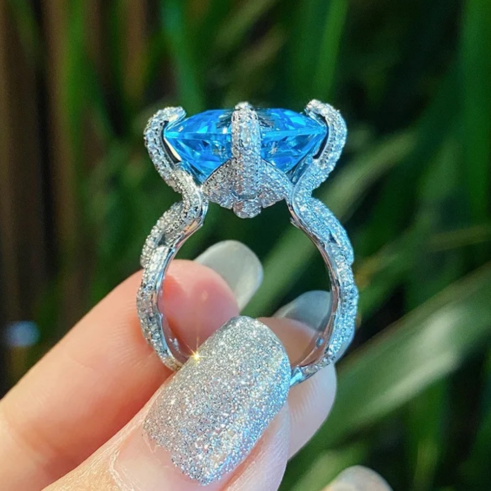 Stunning 12 Carat Blue Crystal Pave Cocktail Ring - Picture 4 of 7